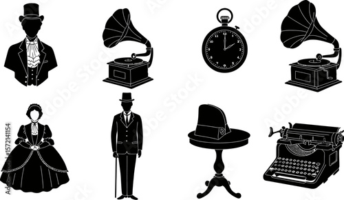 Vintage era vector illustration featuring victorian fashion and antique technology clip art collection