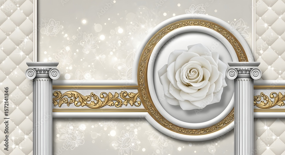 Naklejka premium White rose flower luxury background with golden ornaments and classic columns elegant floral design
