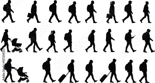 Walking people silhouettes, traveler figures, business commuters, strollers, mobile users, tourists with luggage, black vector art, everyday motion concept, urban