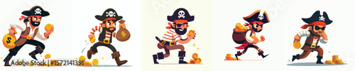 Running Pirate Bandits Carrying Gold Coins – Funny Vector Robbery Illustration