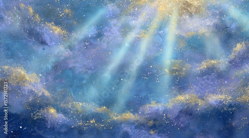 Abstract Blue Cloudscape with Sunbeams and Gold Dust Artistic Background