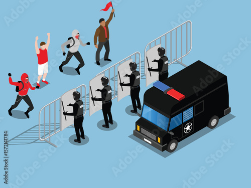 Isometric Protest and Riot Control Scene with Police Barricade and Demonstrators 3d vector illustration