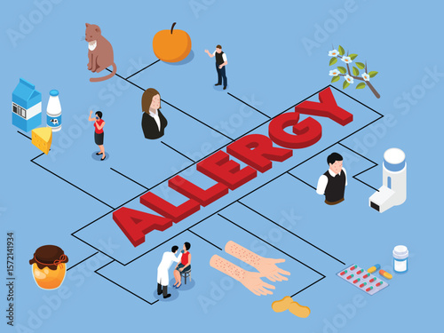 Isometric Allergy Concept with Symptoms, Triggers, and Treatments 3d vector illustration