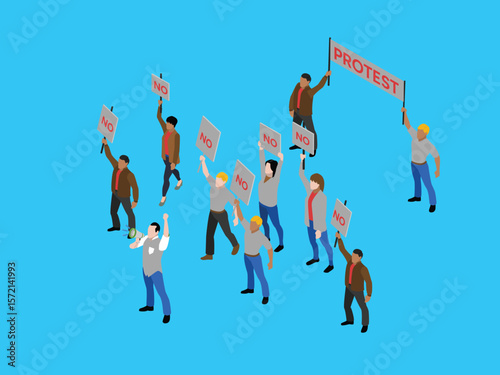 Protest Crowd with Signs and Megaphones in Demonstration Scene 3d vector illustration