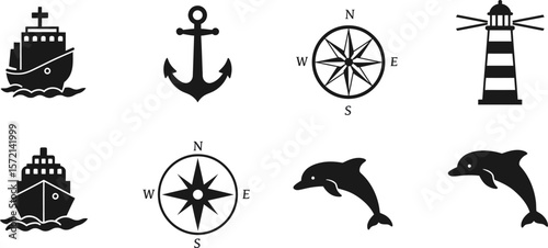 Nautical vector icons set cruise ship anchor compass lighthouse dolphin sea ocean marine maritime design 100