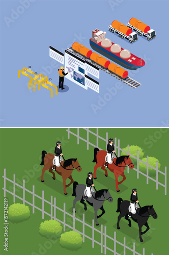 Isometric Illustration of Global Fuel Transportation via Ship, Pipeline, Rail, and Truck 3d vector illustration