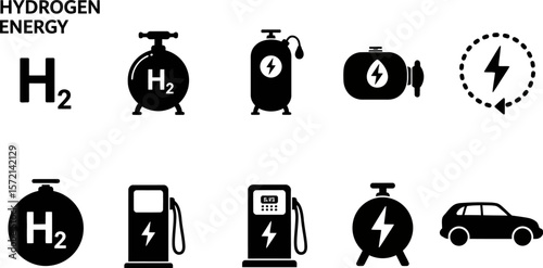 Hydrogen energy vector illustration concept for fuel cell vehicle and renewable power technology icon set