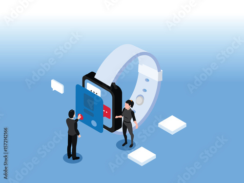 Isometric Illustration of People Interacting with Smartwatch Interface and App Notifications 3d vector illustration