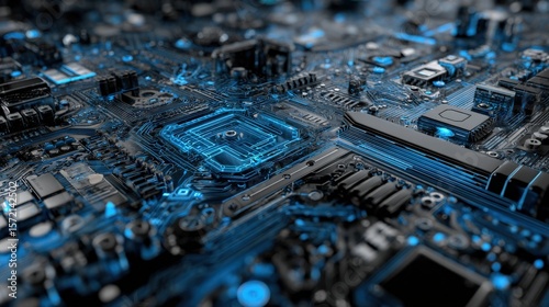 Highly detailed close-up of a modern electronic circuit board with numerous components and glowing blue accents