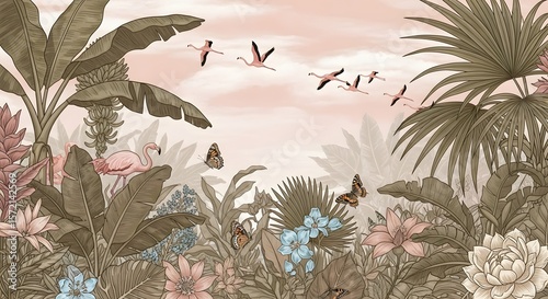 Tropical flamingo wallpaper mural design for living room bedroom wall decor and home decoration ideas