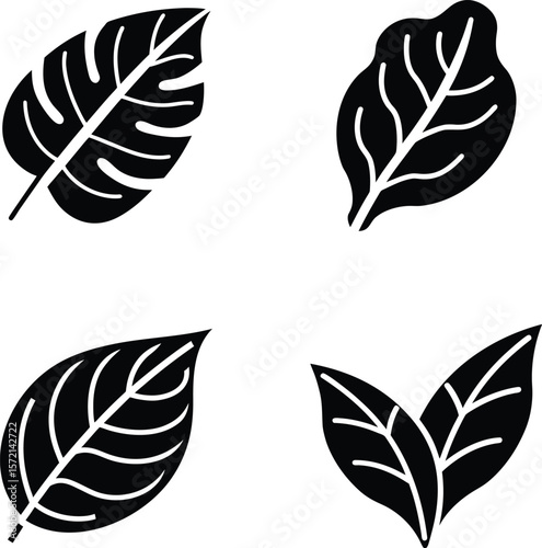 Four Black Leaf Icons On White Background leaves plant 5