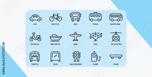 Various transportation icons and symbols bicycle train