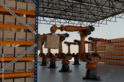 Arm Robot AI manufacture Box product Object for manufacturing industry technology Product export and import of future For Products, food, cosmetics, apparel warehouse mechanical future technology	