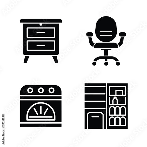 Four household object icons including nightstand chair oven refrigerator