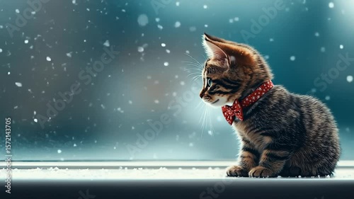 Adorable Cat with Red Bow Tie Watching Snowfall Through Window on a Cold Winter Day