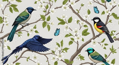 Beautiful birds on flowering branches spring season wallpaper background nature illustration art print