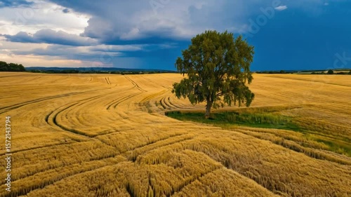 Dramatic Sky Over Golden Wheat Field with Lone Tree on Horizon under an Approaching Storm
