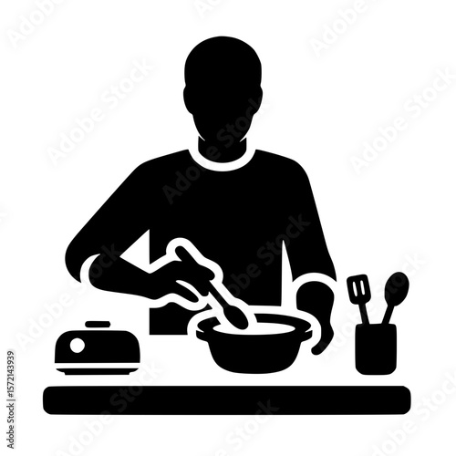 Cooking person icon, black silhouette, hand with spoon, standing at stove, minimal clipart