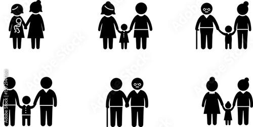 Family diversity vector icons set representing various family structures and relationships isolated on white