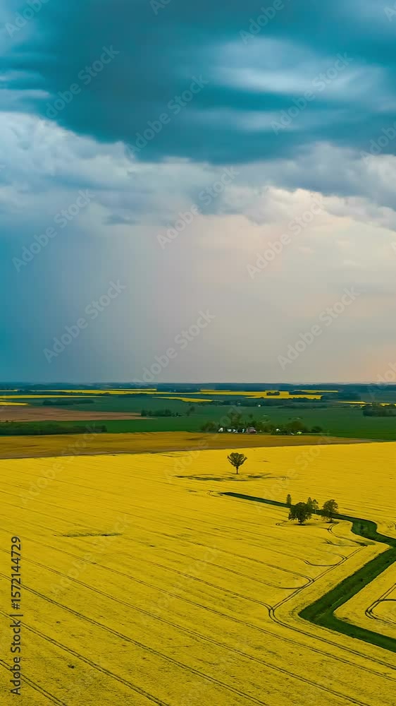 Dramatic storm clouds on sunset over yellow canola field in aerial ...
