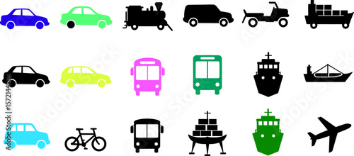 Transportation methods vector icons set: car, train, bus, ship, plane, bicycle, truck, and more 94
