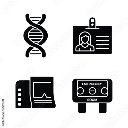 Medical icons D N A I D card E C G and emergency room sign