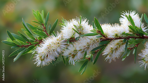 Macro Close-Up of Tea Tree Leaves and Bottlebrush Flowers