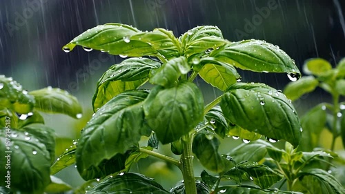 Lush basil leaves glistening with raindrops in a serene garden during a gentle rain shower