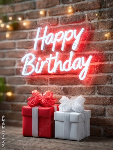 Neon Happy Birthday sign with gifts
