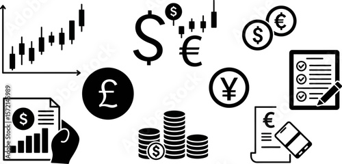 Stock market analysis and financial investment strategy with currency exchange and growth chart