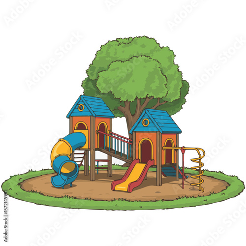 Illustrated playground equipment with slides and towers for children recreation and outdoor fun time park