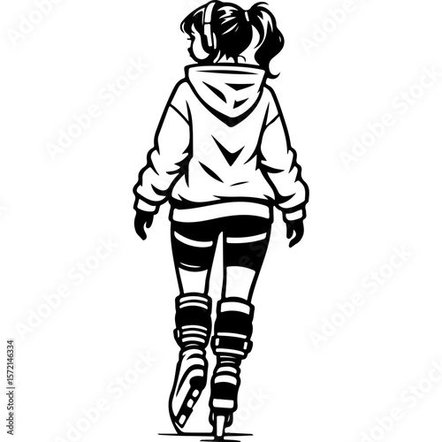 Sketchy sport emblem of view from the back of a girl rollerblading. Engraving minimalistic vector in black ink drawing on transparent background
