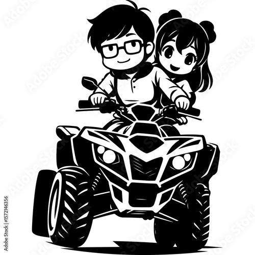 Sketchy sport emblem of Brother and sister racing on toy quad bike off-road. Engraving minimalistic vector in black ink drawing on transparent background