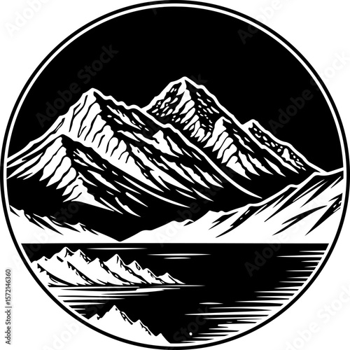 Sketchy travel emblem of night mountain lake illuminated by moonlight in monochrome. Engraving minimalistic vector in black ink drawing on transparent background