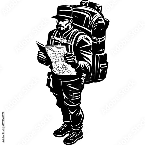 Sketchy sport emblem of Treasure hunter with a backpack on his shoulders in monochrome. Engraving minimalistic vector in black ink drawing on transparent background