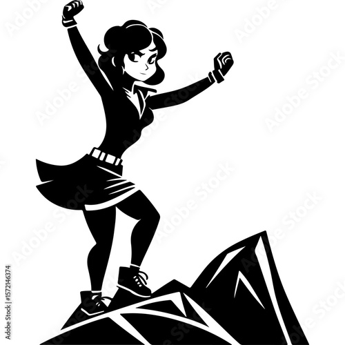 Sketchy emblem of girl office worker climbs to the top of improvised career ladder in monochrome. Engraving minimalistic vector in black ink drawing on transparent background