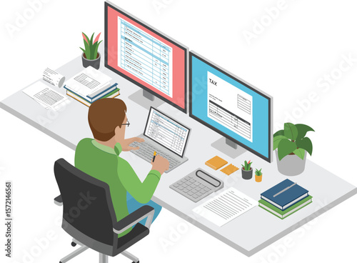 Accountant working on tax documents using multiple computer screens and calculator at desk. Vector Image, AI Generated