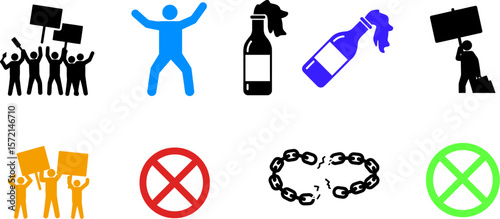 Protest signs and molotov cocktails illustration for social unrest and political activism concept