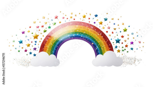 Colorful cartoon rainbow in a bright blue sky with green grass and fluffy white clouds, a vibrant summer nature illustration