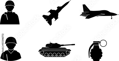 Military equipment vector illustration featuring soldier jet tank and grenade for army designs