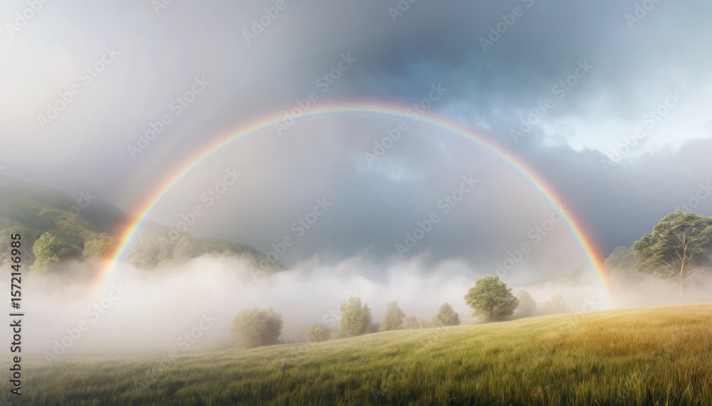 Fototapeta premium Beautiful rainbow in a summer sky over a green landscape with fields and distant hills