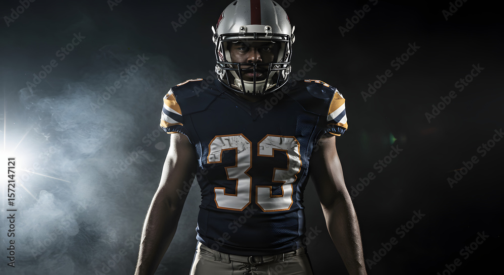 Naklejka premium American Football Player Wearing Dark Uniform Helmet Standing in Studio Setting