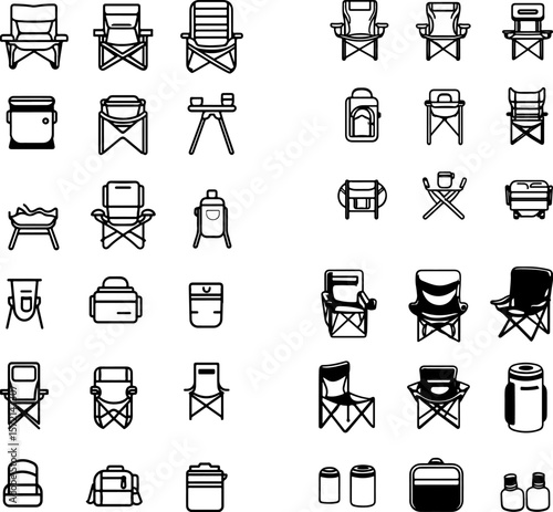 camping chair icon, portable camping chair icon, folding camping chair icon, outdoor chair icon, backpacking chair icon, hiking chair icon, beach camping chair icon, festival camping ch