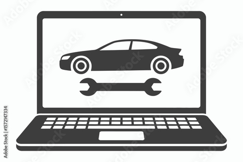 Laptop computer displaying a car silhouette and a wrench symbolizing automotive repair