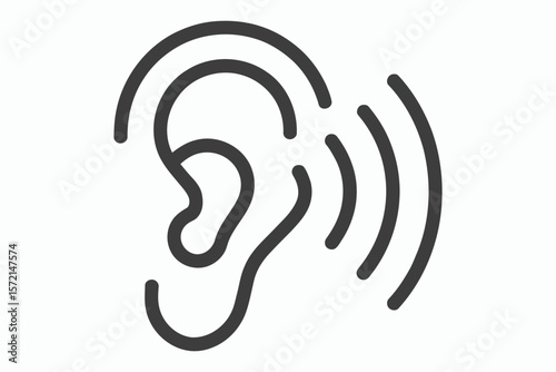 Simple line art icon of a human ear receiving sound waves