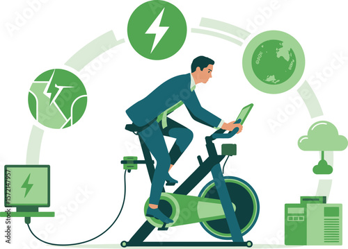 Businessman cycling on stationary bike generating energy for digital network and cloud computing. Vector Image, AI Generated