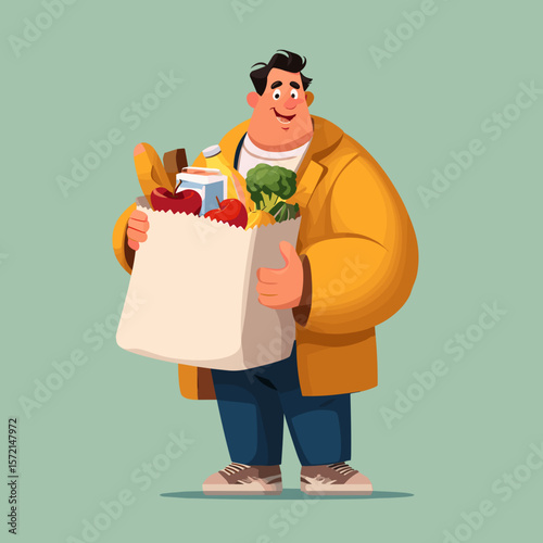 Cartoon vector illustration of a man holding a large grocery bag, symbolizing shopping and daily responsibilities