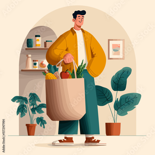 Cartoon vector illustration of a man holding a large grocery bag, symbolizing shopping and daily responsibilities