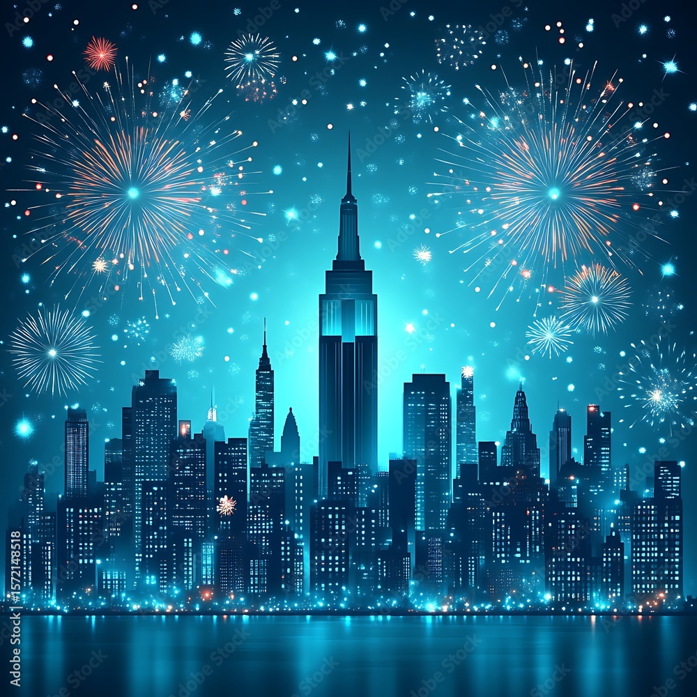 Fototapeta premium City skyline at night with vibrant fireworks