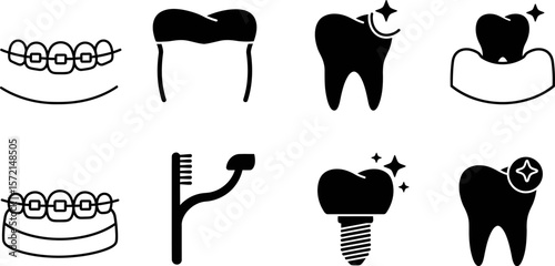 Dental care icons set vector illustration including tooth implant braces and toothbrush design